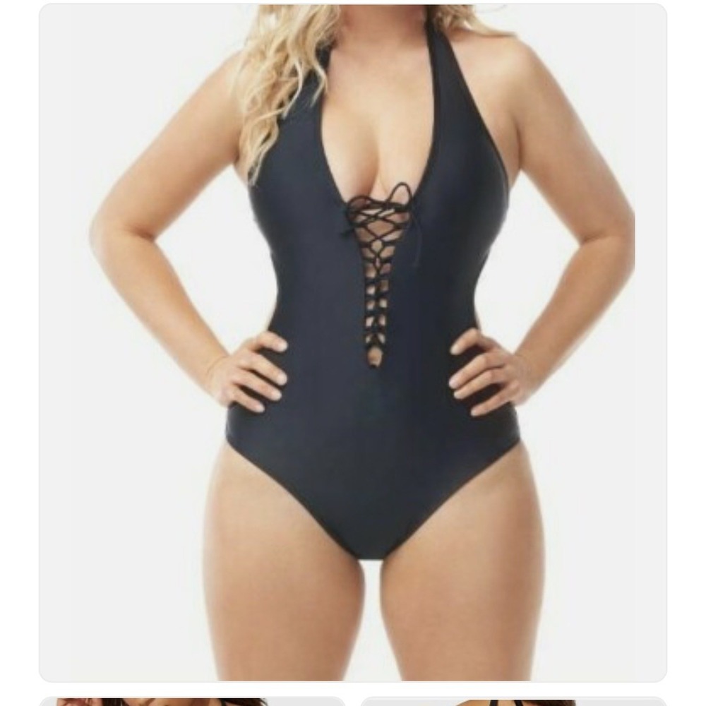 Ashley Graham Black Monokini Lace Up Halter Women's Swimsuit One Piece size 4 Me